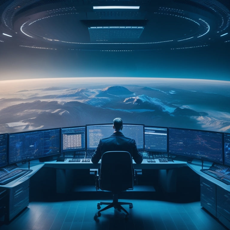 A futuristic, dimly lit control room with rows of computer terminals, a massive curved screen displaying a simulated aerial landscape, and a figure in the center, arms outstretched, surrounded by holographic aircraft schematics.