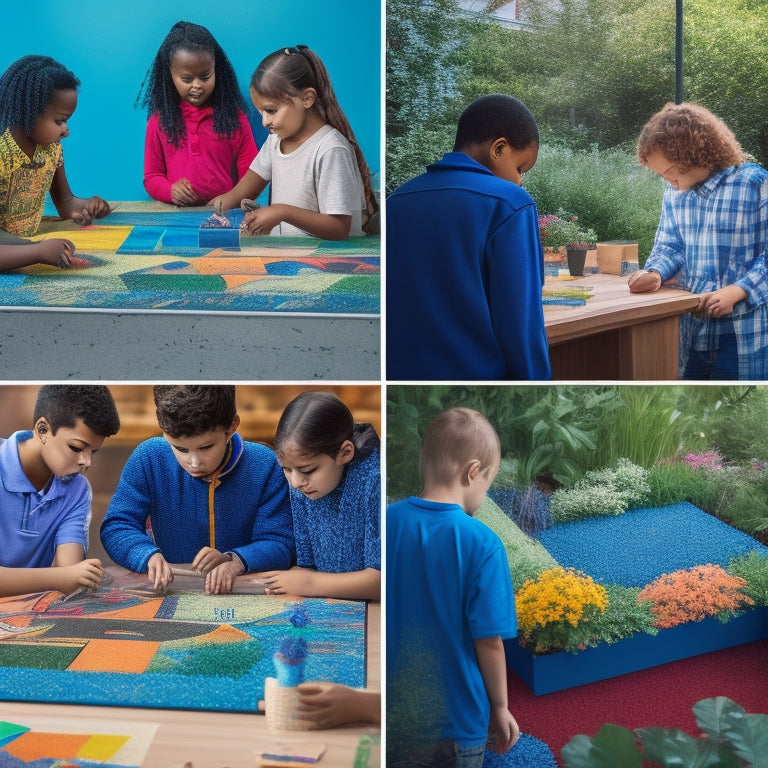 A colorful illustration of diverse middle school students engaged in various math activities: building geometric shapes with blocks, measuring plants in a garden, and creating math-inspired art on a collaborative mural.