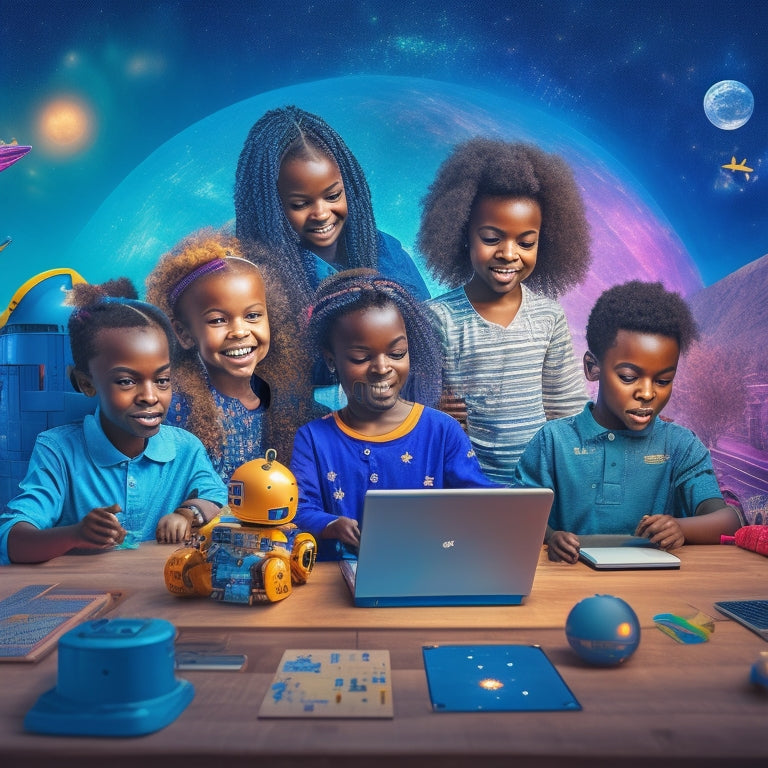 A colorful illustration of a diverse group of happy children aged 6-12, engaged in virtual STEM activities on laptops and tablets, surrounded by robots, coding blocks, and futuristic gadgets, set against a bright, starry night sky.