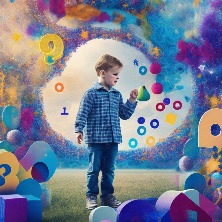 A whimsical illustration of a dyslexic child surrounded by swirling numbers and math symbols, with puzzle pieces fitting together to form a cohesive numerical landscape, amidst a backdrop of colorful, abstract shapes.