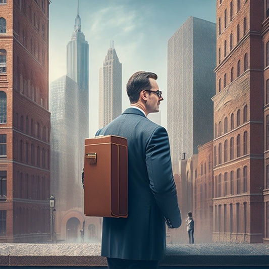 A stylized illustration of a teacher standing in front of a brick wall, with a laptop and books surrounding them, as a cityscape with buildings and skyscrapers emerges from the wall behind them.
