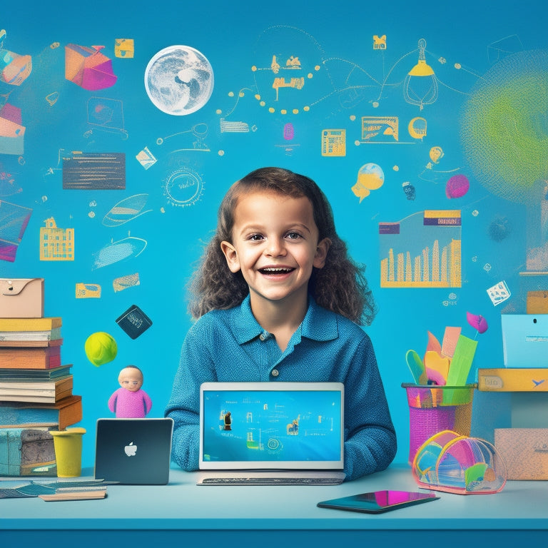 A colorful, clutter-free illustration of a smiling child surrounded by various digital devices, such as tablets and laptops, with math-related icons, graphs, and charts floating around them in a whimsical, dreamlike atmosphere.