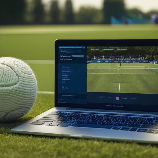 A split-screen image featuring a close-up of a US Open tennis ball on a grass court and a secure online payment processing interface with a verified ticket confirmation on a laptop screen.