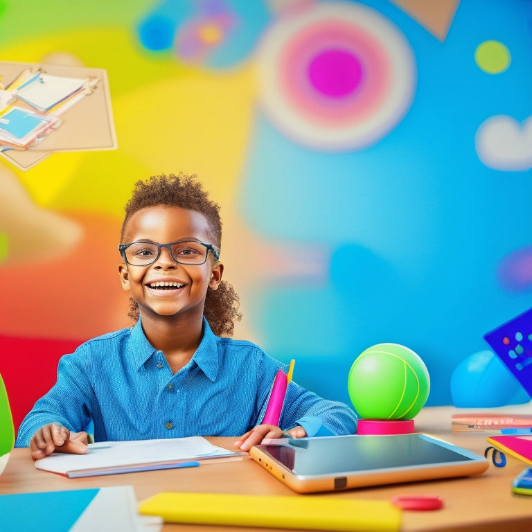 A colorful illustration of a happy elementary-aged student surrounded by digital devices, math symbols, and icons of popular math tools, with a subtle background of a classroom or learning environment.