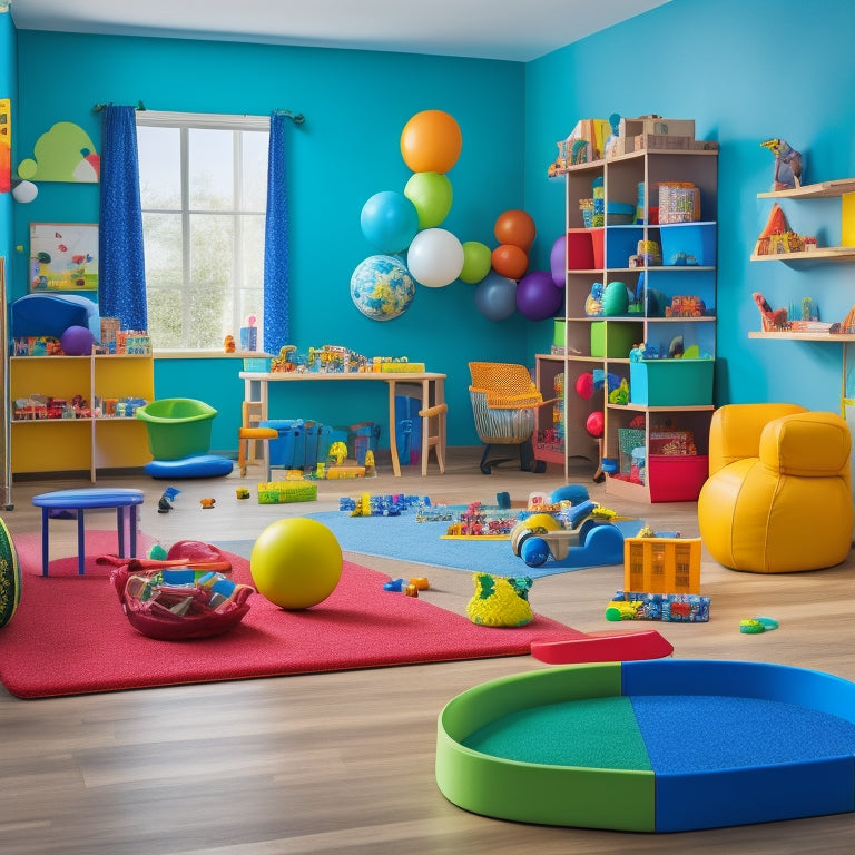 A colorful, clutter-free playroom with a diverse group of children with disabilities engaging with various toys and tools, including sensory balls, adaptive puzzles, and communication devices.