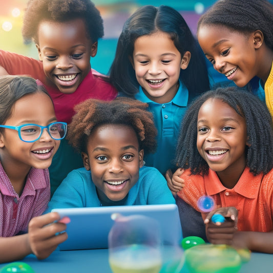 An illustration of a diverse group of elementary students gathered around a tablet, engaged and smiling, with math problems and solutions floating around them in colorful bubbles and swirls.