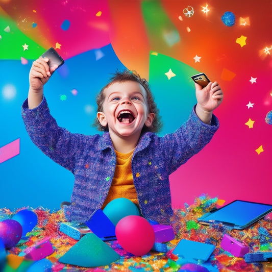 A colorful illustration of a cheerful child surrounded by tablets, laptops, and smartphones, each displaying a different interactive learning app, with confetti and stars in the background.