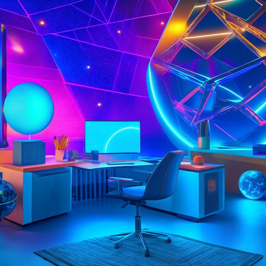 A colorful, futuristic study space with a desk, laptop, and virtual reality headset surrounded by orbiting math symbols, geometric shapes, and glowing neon lines, set against a starry night sky.