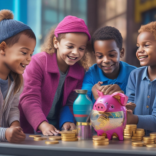 An illustration of a happy, diverse group of children gathered around a colorful, interactive piggy bank, surrounded by coins, bills, and playful financial symbols, with a cityscape or store background.