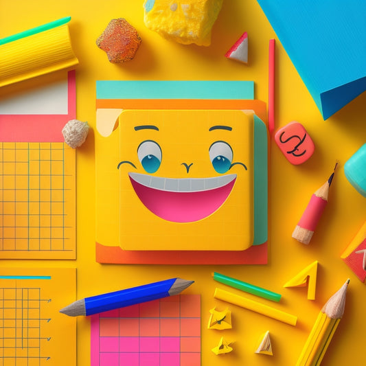 A colorful illustration featuring a smiling cartoon pencil surrounded by scattered worksheets, math symbols, and geometric shapes, set against a bright yellow background with subtle grid patterns.