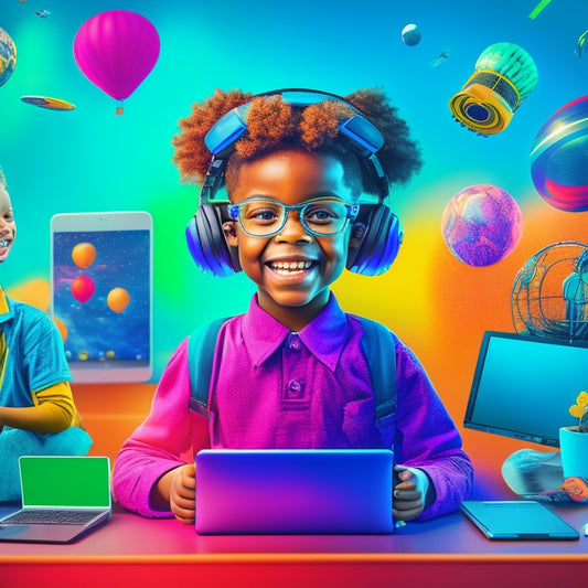A colorful, futuristic illustration of a smiling kid surrounded by floating laptops, tablets, and virtual reality headsets, with subtle hints of a classroom and learning icons in the background.
