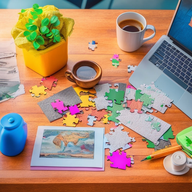 A colorful, clutter-free desk with a laptop, a cup of steaming coffee, and a few scattered puzzle pieces, surrounded by crumpled up worksheets with scribbled notes and a single, completed puzzle sheet with a triumphant pencil lying across it.