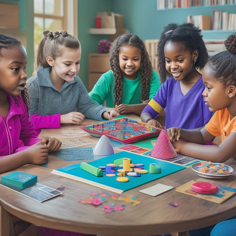 A colorful illustration of a group of diverse girls, aged 8-12, gathered around a table, engaged in various math-based activities, such as building geometric shapes, solving puzzles, and playing board games.