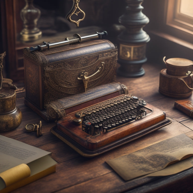 A golden key unlocking a worn, leather-bound book, surrounded by scattered papers, quills, and a vintage typewriter, set against a warm, wooden desk with a subtle, gradient background.
