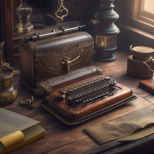 A golden key unlocking a worn, leather-bound book, surrounded by scattered papers, quills, and a vintage typewriter, set against a warm, wooden desk with a subtle, gradient background.