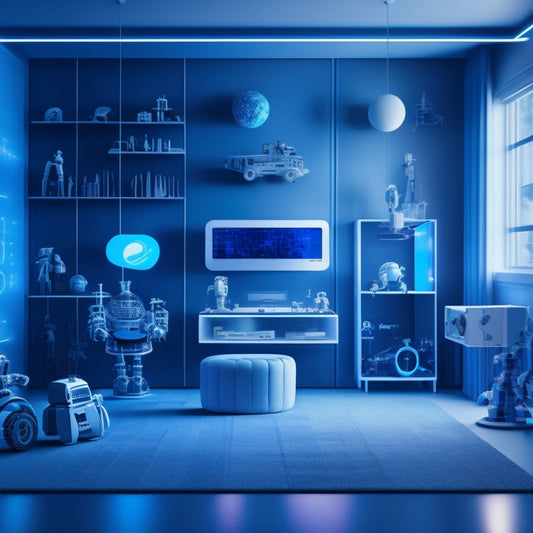 A futuristic, minimalist background with sleek, silver lines and subtle, glowing blue accents. A 3D model of a child's room with toys and gadgets floating around, surrounded by holographic screens and robots.
