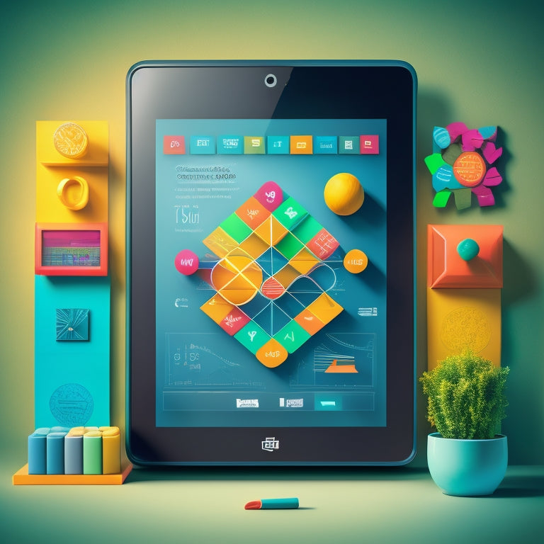A colorful illustration featuring a Windows tablet surrounded by various math symbols and shapes, with a subtle grid background and a few stylized graphs and charts floating above it.