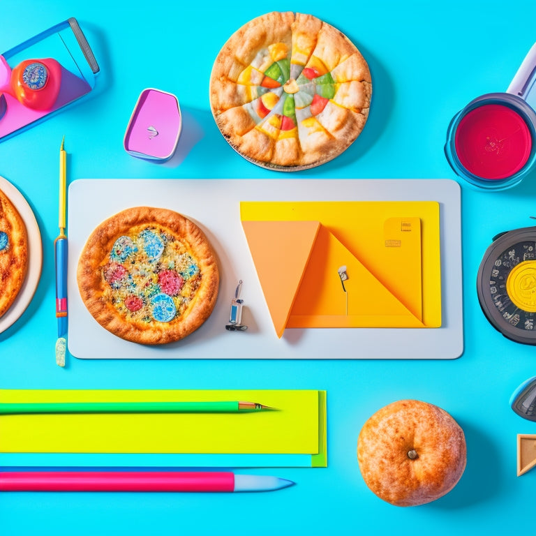 An illustration of a colorful, clutter-free desk with a tablet and laptop displaying various educational apps, surrounded by fraction and decimal-themed props like pizza slices, measuring cups, and geometric shapes.