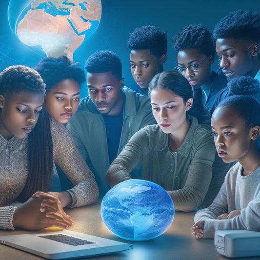 A futuristic, minimalist illustration of a diverse group of students from different age groups and ethnicities, gathered around a glowing, holographic globe, surrounded by laptops and tablets.