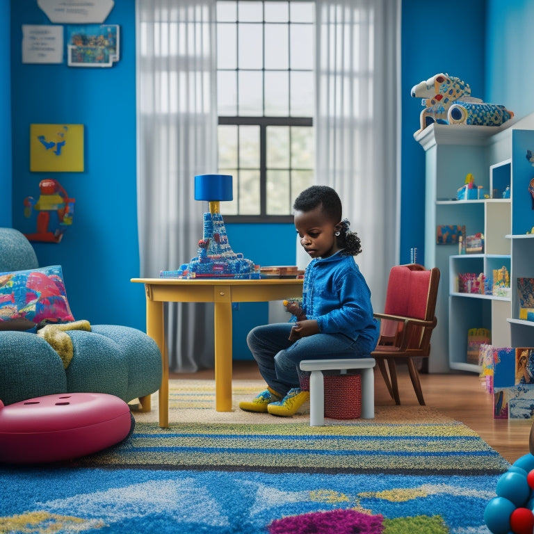 A colorful, clutter-free playroom with a curious child surrounded by various virtual learning toys, including a tablet, smartwatch, and educational robot, amidst a subtle background of coding blocks and brain teasers.