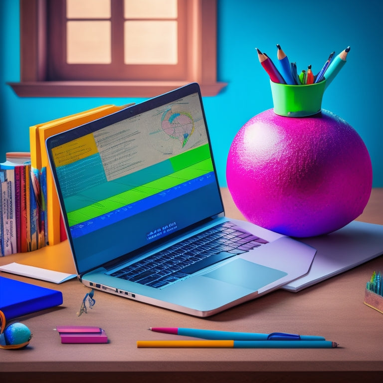 A colorful illustration of a laptop open to a virtual classroom, surrounded by math textbooks, pencils, and a globe, with a subtle grid of math problems in the background.