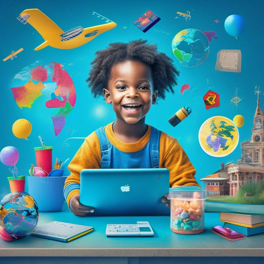 A colorful illustration of a happy, curious child surrounded by a tablet, laptop, and smartphone, with educational icons and symbols (e.g. ABCs, 123s, puzzles, and globes) swirling around them.