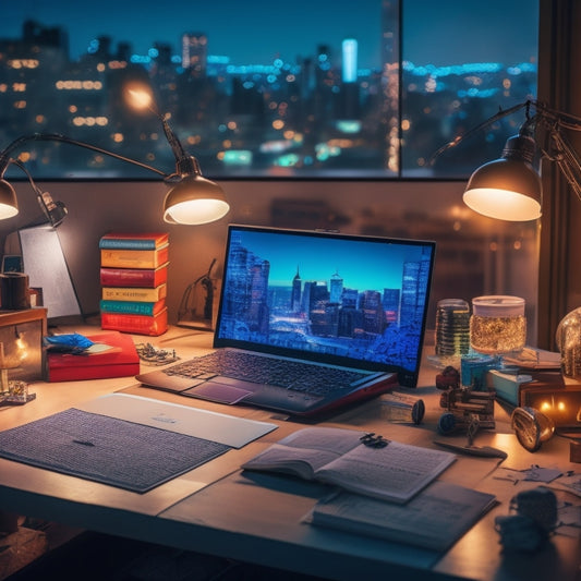 A cluttered student desk with a laptop, open textbooks, and scattered notes, surrounded by glowing lightbulbs and puzzle pieces, with a subtle background of a cityscape at dusk.