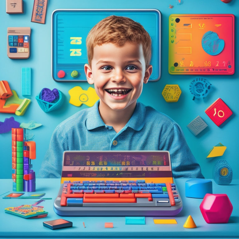 A colorful, whimsical illustration of a smiling cartoon kid surrounded by math-related icons, such as a calculator, abacus, and geometric shapes, with a laptop and tablet in the background.