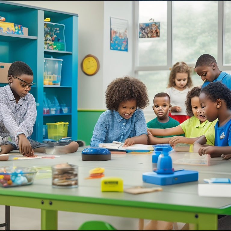A colorful, inclusive classroom scene: students with varying abilities interact with 3D models, sensory bins, and lab equipment, surrounded by diverse learning aids and visual supports.
