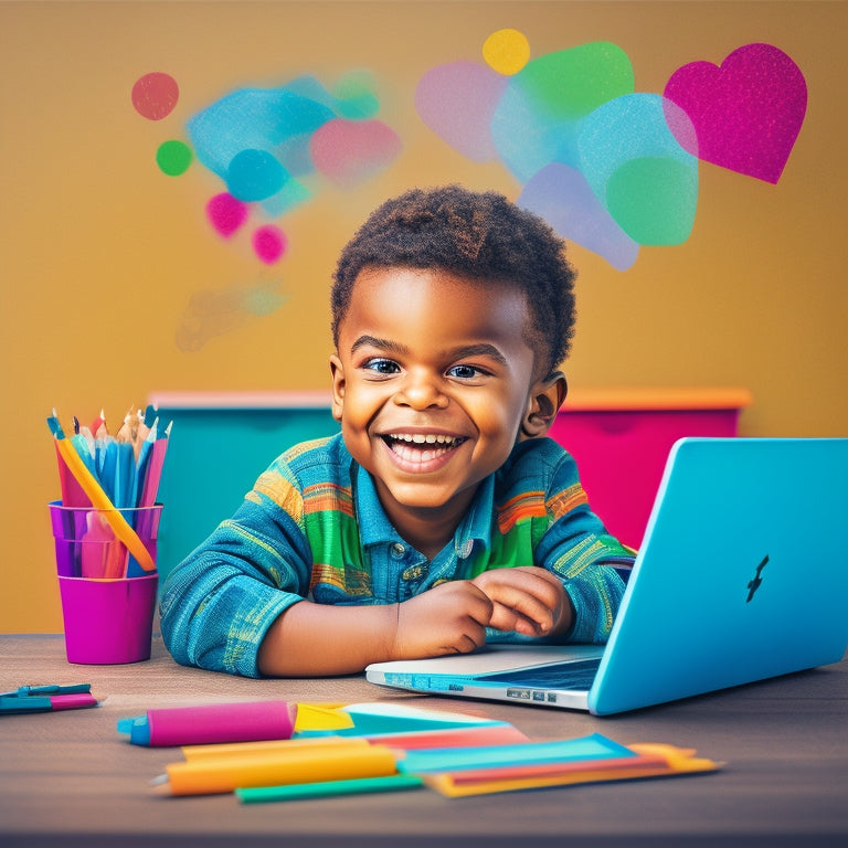 A colorful illustration of a smiling child sitting at a desk, surrounded by scattered math worksheets, pencils, and a laptop open to a math website, with a thought bubble containing a solved math problem and a smiling emoticon.