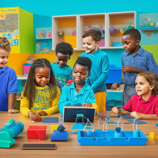 An illustration of a diverse group of children with various learning disabilities surrounded by STEM tools and assistive technology, such as tablets, coding blocks, and 3D printers, in a colorful and inclusive classroom setting.