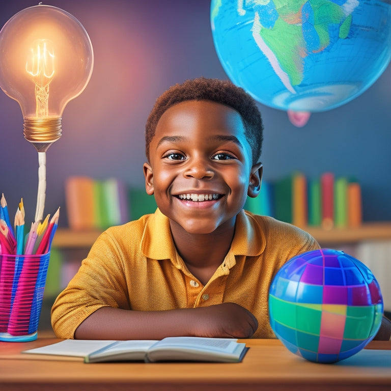 A colorful illustration of a smiling 2nd-grade student sitting at a desk, surrounded by pencils, books, and a globe, with a bright lightbulb above their head and a subtle background of a growth chart.