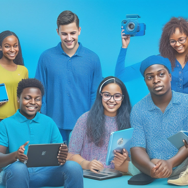 A colorful illustration of a diverse group of students with special needs using digital devices, with assistive technology icons and learning aids surrounding them, set against a bright, gradient blue background.