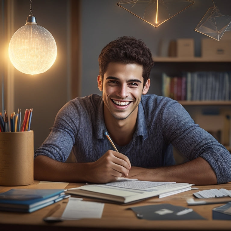 An illustration of a smiling student surrounded by scattered math textbooks, pencils, and papers, with a subtle grid of triangles and circles in the background, lit by a warm desk lamp.