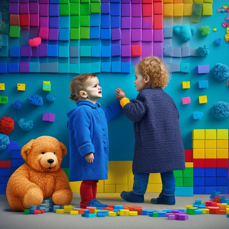 An illustration of a young child surrounded by colorful blocks, counting bears, and a chalkboard with simple math equations, amidst a background of subtle, swirling math-inspired patterns.