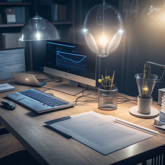 A futuristic desk with a sleek laptop, surrounded by scattered math notes and equations, with a glowing lightbulb above, connected to a network of digital graphs and charts.