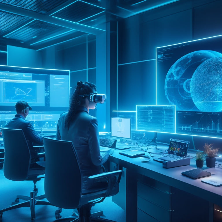 A futuristic virtual classroom with a holographic math problem floating above a desk, surrounded by coding screens, virtual reality headsets, and robotic arms, with subtle glow and neon lights.