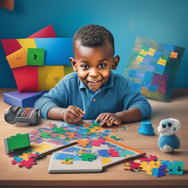 A colorful illustration of a happy, curious child sitting at a desk, surrounded by scattered math problems and puzzle pieces, with a tablet or laptop open to a math education app in the center.