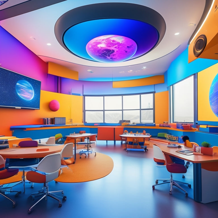 A colorful, futuristic classroom with VR headsets on diverse students, surrounded by floating shapes, planets, and educational diagrams, with gentle, pulsing lights and soft, rounded edges.