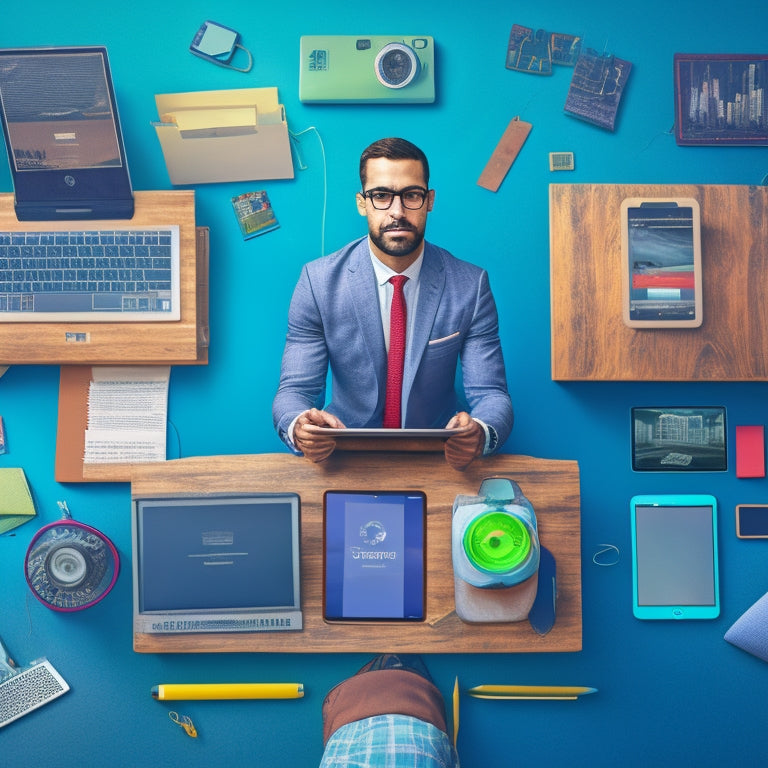 An illustration of a teacher surrounded by digital devices, laptops, and tablets, with a subtle background of a school or university, featuring a subtle grid of icons representing educational resources.