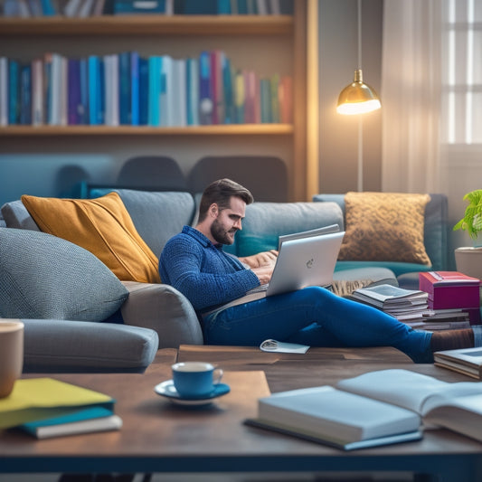 An illustration of a person sitting comfortably on a couch, surrounded by laptops and books, with a calendar and clock blurred in the background, symbolizing flexibility and freedom in remote learning.