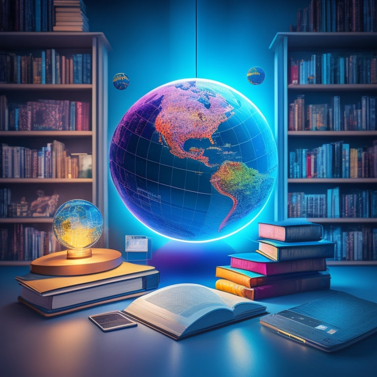 A colorful, stylized illustration of a globe surrounded by laptops, tablets, and e-books, with a subtle background of bookshelves, all connected by glowing blue lines and sparks.