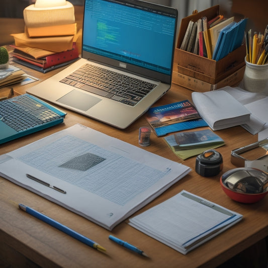 A desk cluttered with algebra textbooks, pencils, and a laptop open to a website with a solver tool and graphs, surrounded by scattered papers with math problems and solutions.