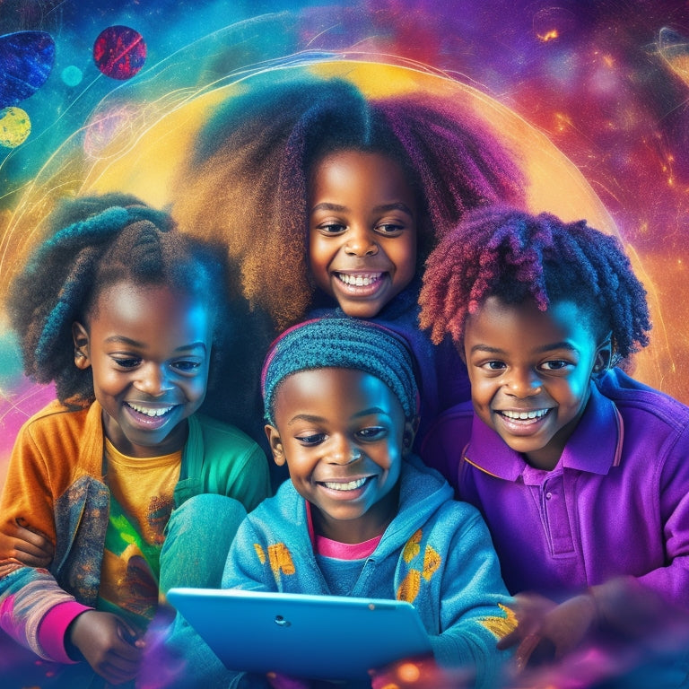 A vibrant illustration of diverse children aged 6-12, gathered around a tablet, their faces aglow with excitement, surrounded by swirling shapes, colorful icons, and sparks, symbolizing creativity and imagination.