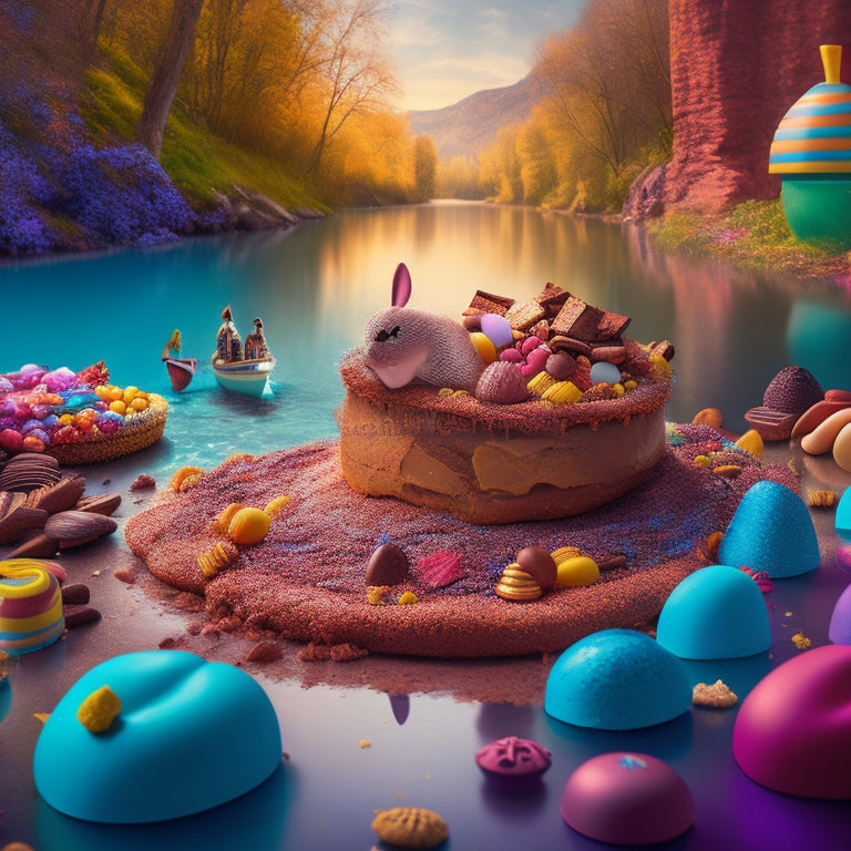 A whimsical, dreamlike scene: a chocolate river overflowing its banks, surrounded by toppled candy-filled jars, crumbling cookie walls, and a giant, broken chocolate bunny amidst the sugary chaos.