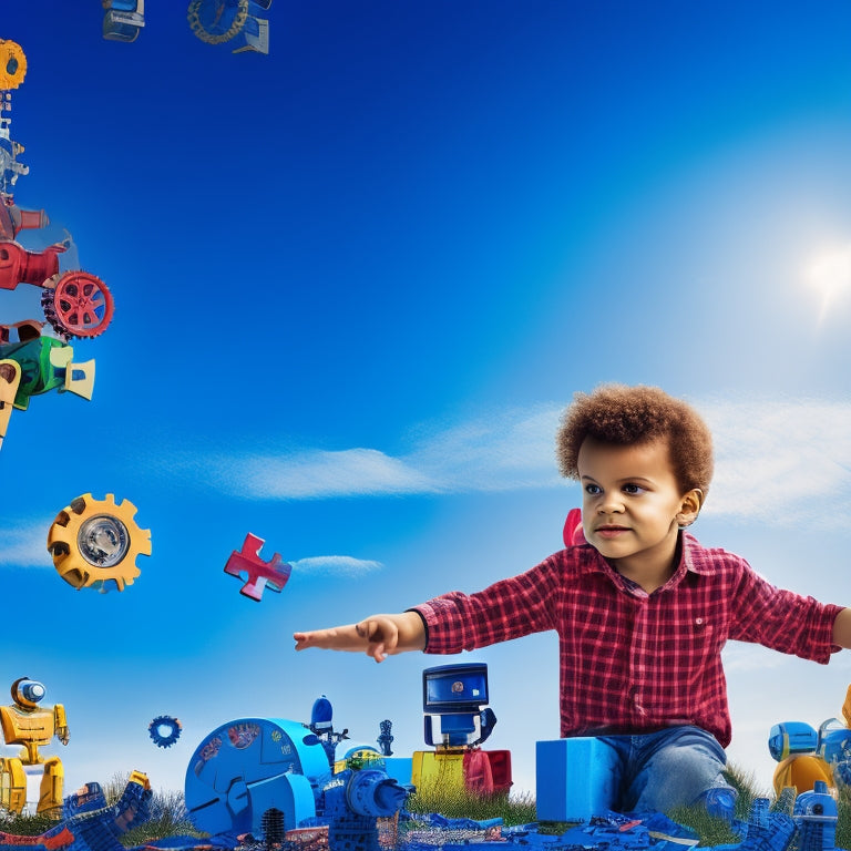 A colorful illustration of a curious kid surrounded by floating puzzle pieces, robots, and gears, with a faint background of coding symbols and brain teaser icons, set against a bright blue sky.