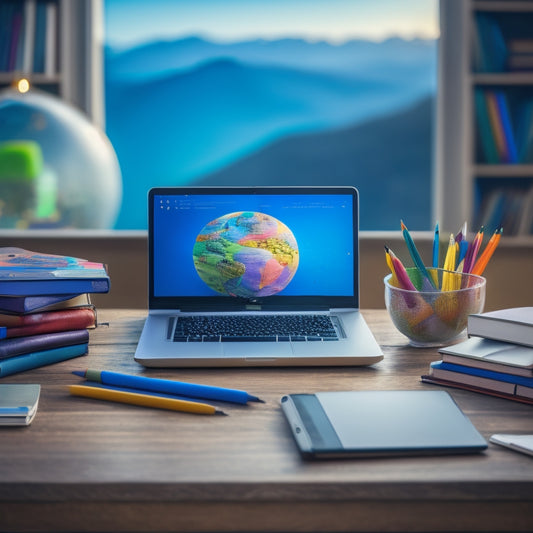 A serene background with a laptop, tablet, and smartphone arranged in a circular formation, surrounded by colorful pencils, books, and a globe, with a subtle hint of a family silhouette in the distance.