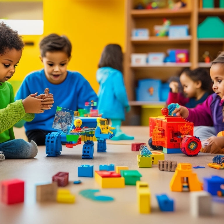 An eclectic mix of colorful, futuristic STEM toys scattered across a wooden table, with robotic arms, coding blocks, and miniature 3D printed models, surrounded by curious, diverse children's hands.