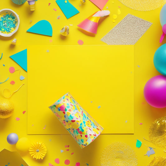 A vibrant illustration featuring a colorful A4 sheet with doodles, surrounded by confetti, balloons, and party hats, set against a bright, sunny yellow background, with subtle quarantine-inspired elements.