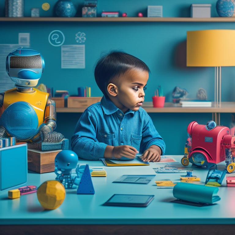 A colorful illustration of a young child sitting at a desk, surrounded by tablets, laptops, and educational robots, with thought bubbles filled with coding symbols, math problems, and alphabet letters.